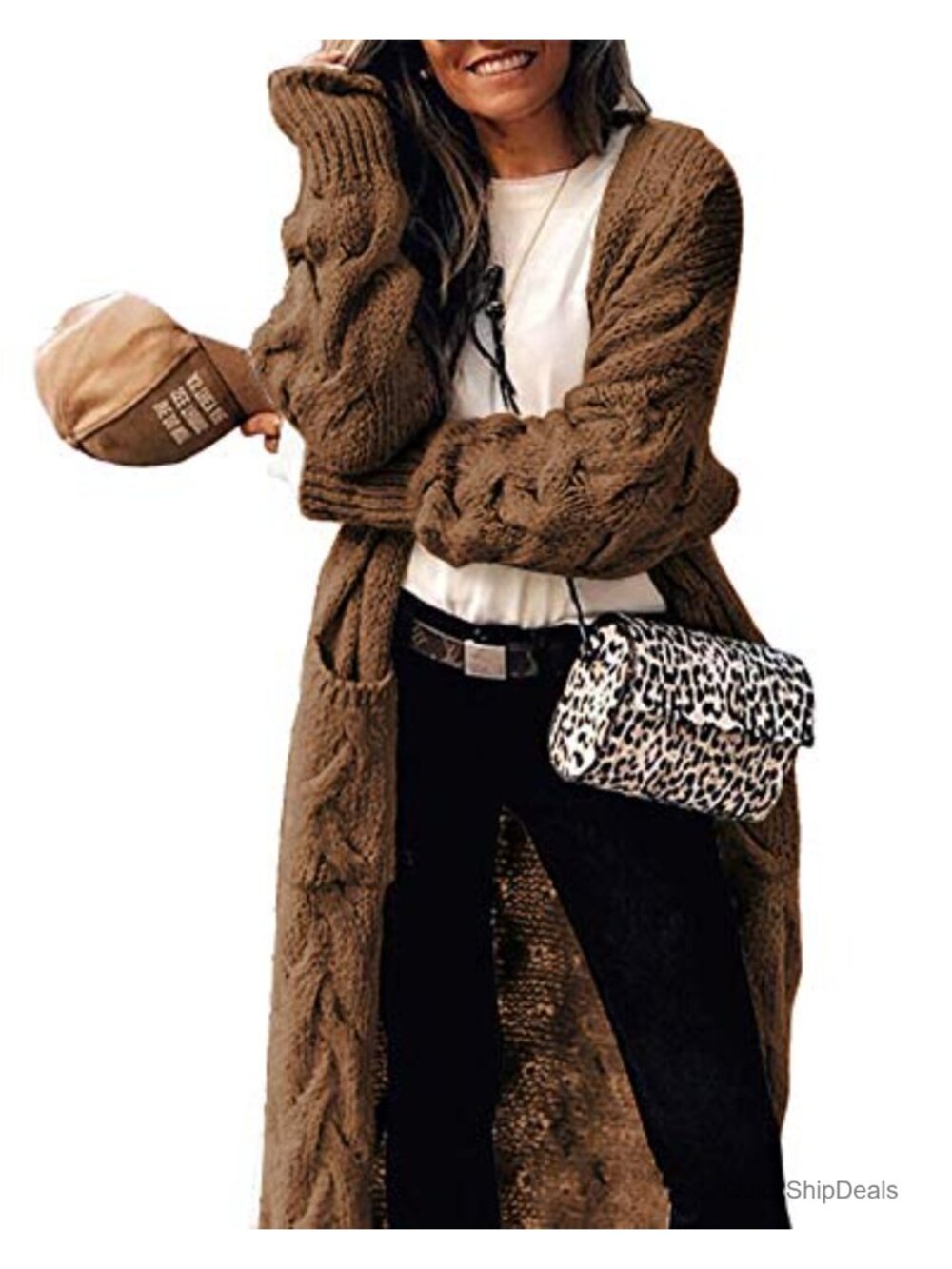 Womens Long Chunky Cable Knit Cardigan Sweater Open Front with Pockets